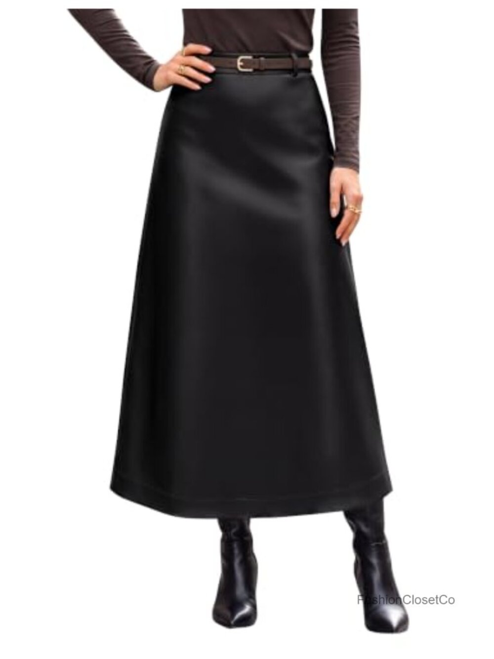 Faux Leather A-Line Midi Skirt High Waisted Back Slit Belt Loops